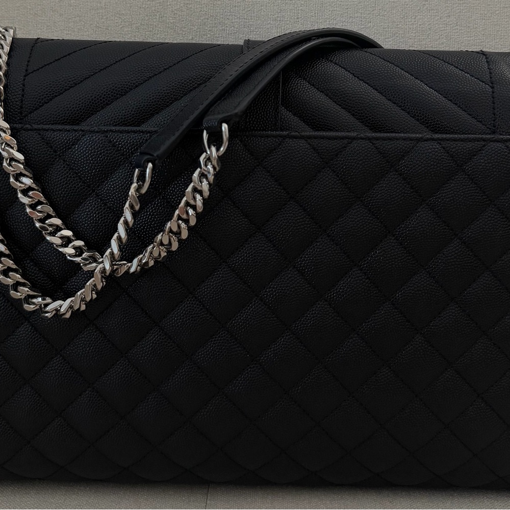 Saint Laurent Black Quilted Chevron Shoulder Bag with Silver YSL - Picture 2 of 7